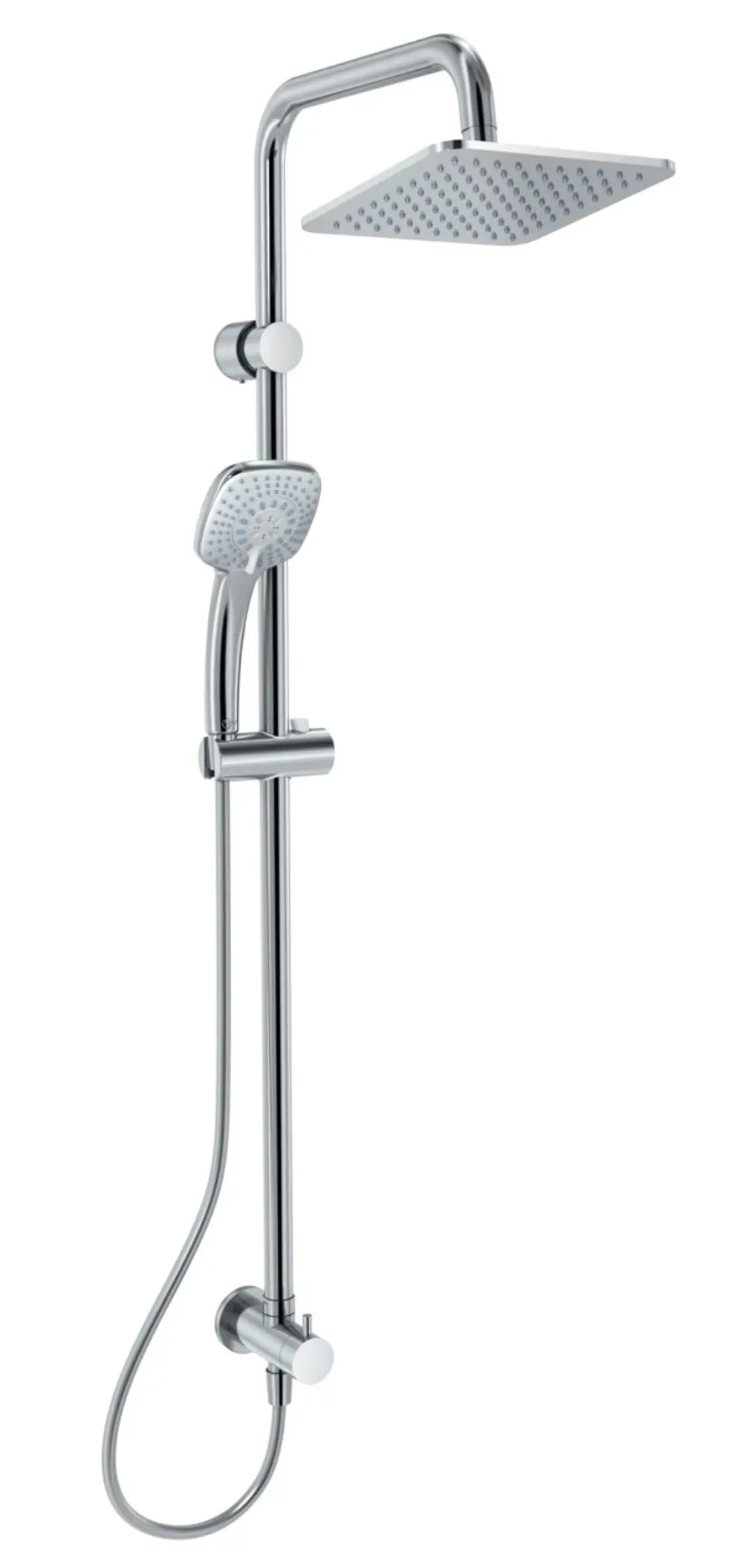 Duschsystem von Ideal Standard mit einer großen Regendusche und Handbrause, erhältlich in verchromter Ausführung, montiert an einer vertikalen Stange.